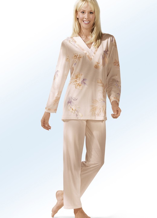 Pyjama's & shorty's - Pyjama met V-hals en lange broek, in Größe 036 bis 052, in Farbe ABRIKOOS-MEERKLEURIG Ansicht 1
