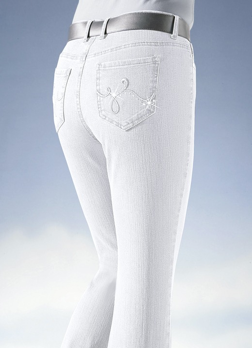 Broek met knoop- en ritssluiting - Jeans versierd met fonkelende strasssteentjes, in Größe 018 bis 088, in Farbe WIT Ansicht 1