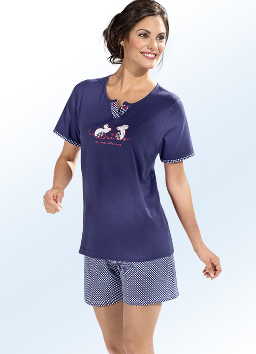 Pyjama's & shorty's - Shortama met korte mouw en plaatste print, in Größe 034 bis 050, in Farbe NAVY-WIT