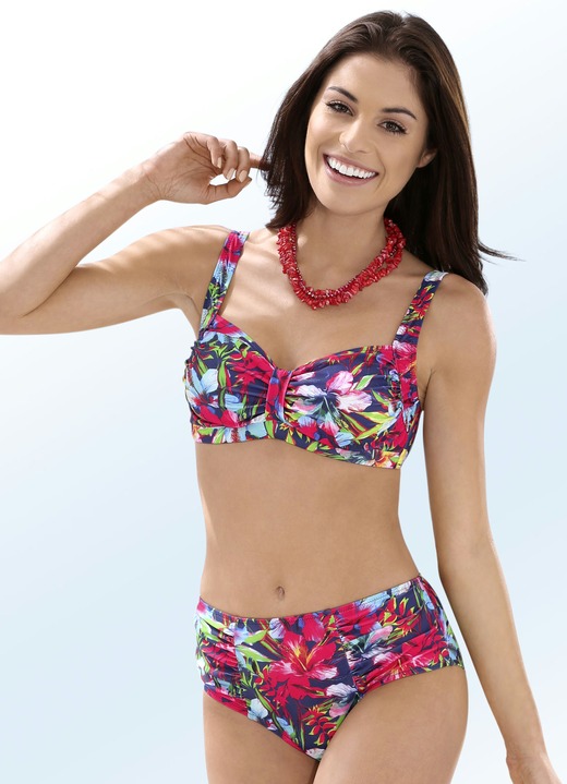 Bikini - Bikini met uitneembare softcups, sierlussen en een allover-print, in Größe 036 bis 050, in Cup B, in Farbe ROOD-MEERKLEURIG Ansicht 1