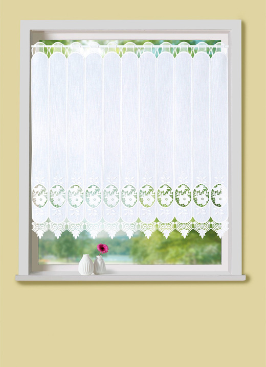 Klassiek - Korte venstervitrage met bloemen en macramé-kant, in Größe 823 (35 x 120 cm) bis 890 (90 x 225 cm), in Farbe WIT Ansicht 1