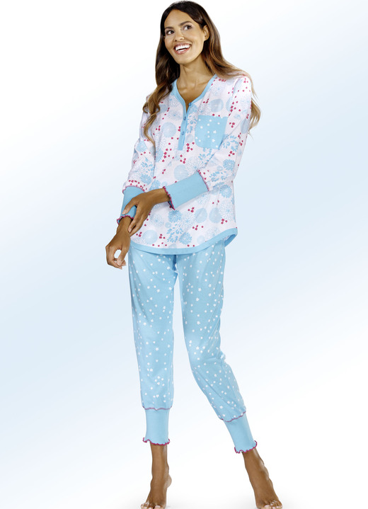 Pyjama's & shorty's - Pyjama met manchetten en knoopsluiting, in Größe 032 bis 050, in Farbe WIT-TURKIS Ansicht 1
