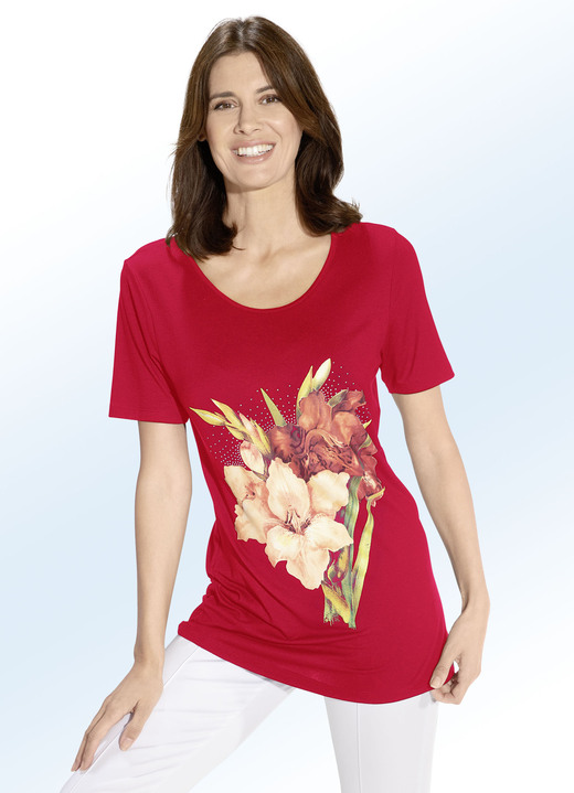 Shirts met strass steentjes - Lang shirt met contrastprint in 2 kleuren, in Größe 038 bis 054, in Farbe ROOD Ansicht 1