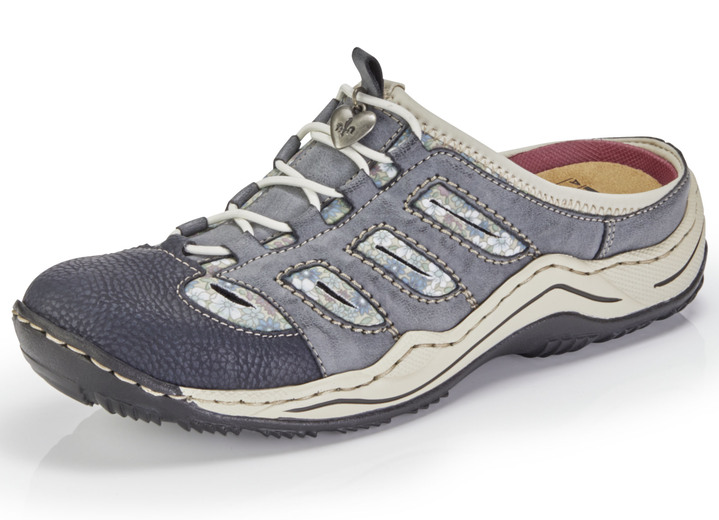 Sandalettes & slippers - Rieker klomp met elastische siervetersluiting, in Größe 036 bis 043, in Farbe JEANSBLAUW/BEIGE Ansicht 1
