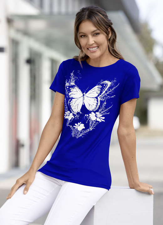 Korte mouw - Shirt met vlinderprint in 3 kleuren, in Größe 036 bis 054, in Farbe KONINGSBLAUW Ansicht 1
