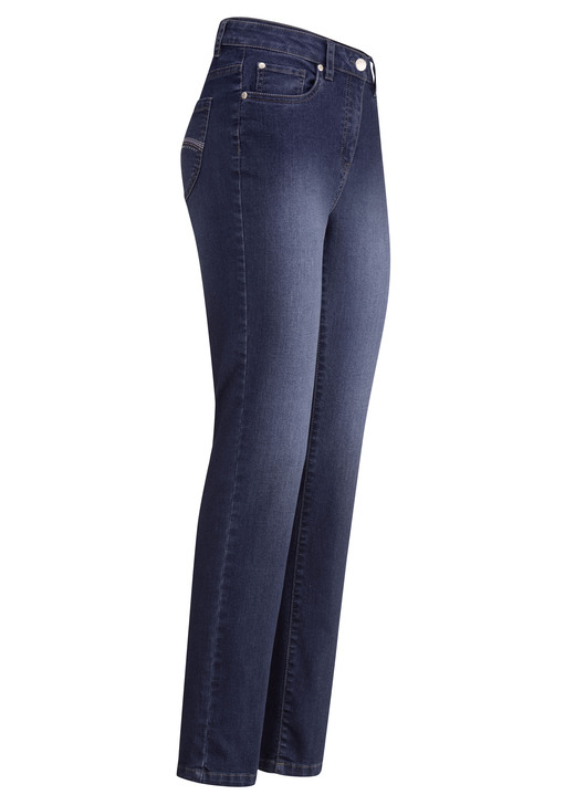 Broek met knoop- en ritssluiting - Jeans met mooie borduursels en fonkelende strass steentjes, in Größe 017 bis 052, in Farbe DONKERBLAUW Ansicht 1