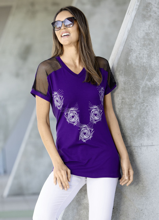 Shirts met strass steentjes - Lang shirt met contrastprint in 2 kleuren, in Größe 038 bis 054, in Farbe LILA Ansicht 1