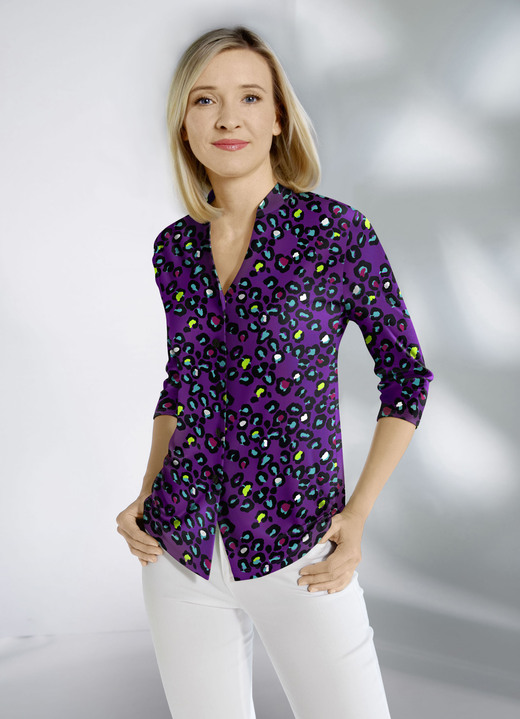 3/4-mouw - Shirtblouse met opstaande kraag, in Größe 036 bis 052, in Farbe PAARS-TURKOOIS-KLEURRIJK