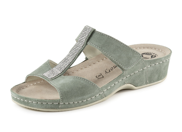 Sandalettes & slippers - Mubb muiltjes met fonkelende strass steentjes, in Größe 036 bis 042, in Farbe LINDGRÜN Ansicht 1