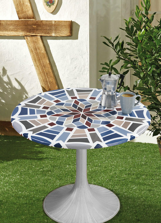 Tafellakens - Elastische tafelkleed met mozaïek-dessin, in Größe 150 (ø 70–86 cm) bis 190 (diameter 85-105 cm), in Farbe BLAUW Ansicht 1