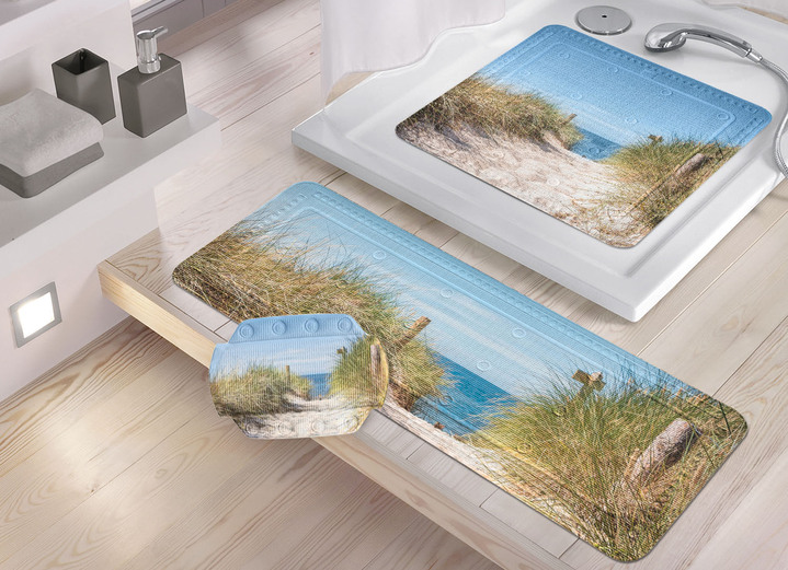 Badmatten - Veiligheidsinlegzolen met stranddesign, in Größe 300 (antislipmat douche, 55 x 55 cm) bis 302 (Nekkussen, 32 x 22 cm), in Farbe MULTICOLOR