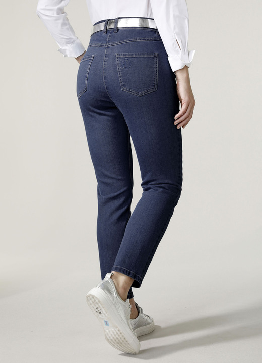 Broek met knoop- en ritssluiting - Enkellange jeans in 5-pocketmodel, in Größe 019 bis 052, in Farbe DUNKELBLAU Ansicht 1