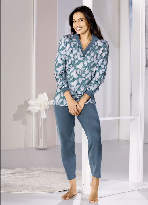 Pyjama's & shorty's - Pyjama, lange mouwen met één knoopsluiting en manchetten met knopen, in Größe 036 bis 054, in Farbe PETROL-SALBEI